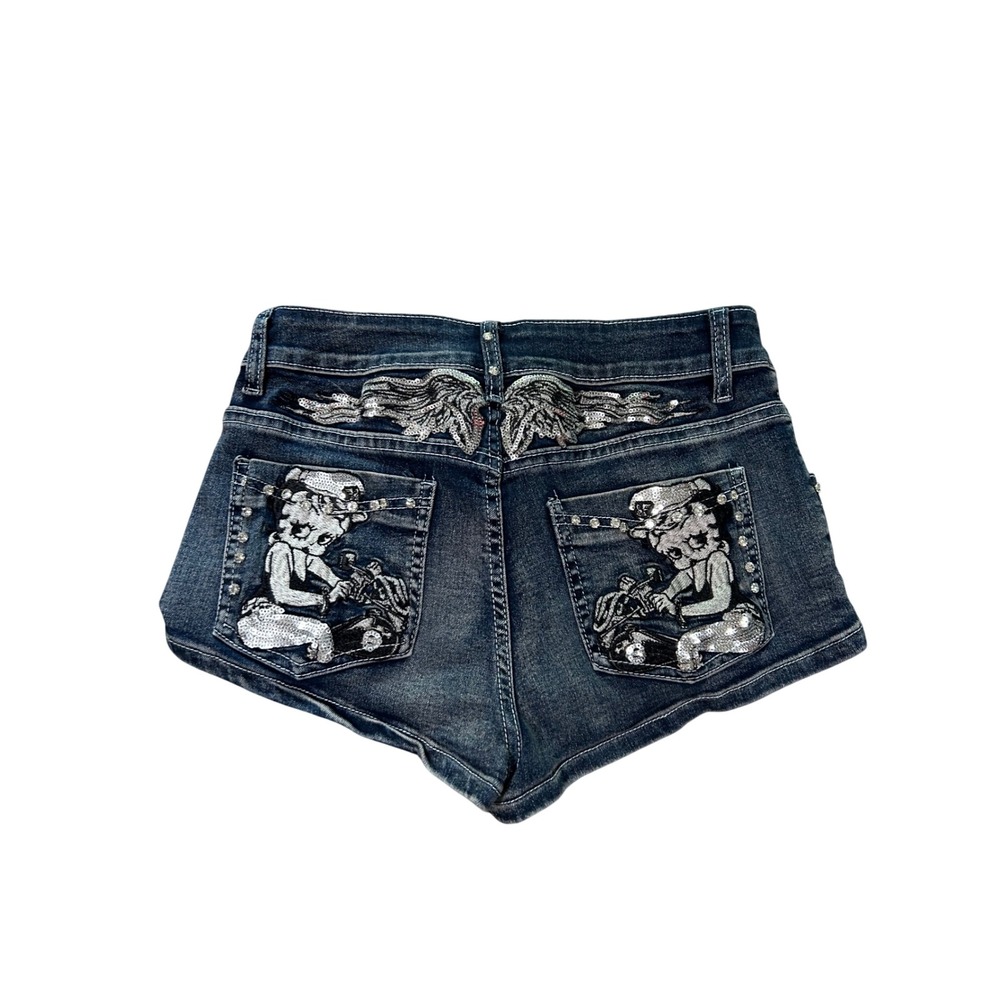 Romwe Betty Boop Sequin Biker Denim Shorts Dark Wash Low Rise S Y2K McBling